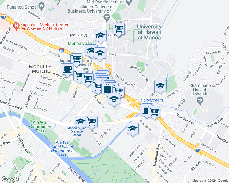 map of restaurants, bars, coffee shops, grocery stores, and more near 2723 Kolo Place in Honolulu