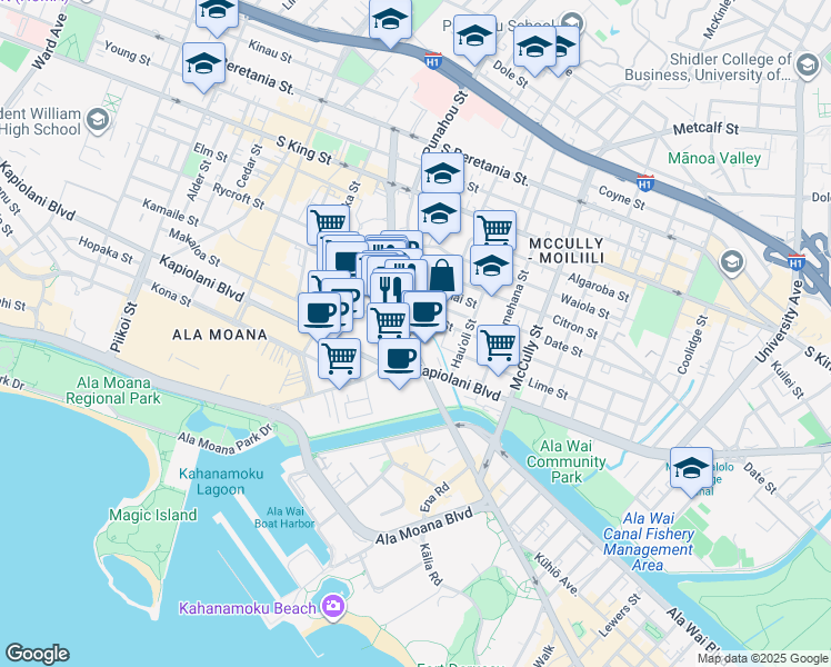 map of restaurants, bars, coffee shops, grocery stores, and more near in Honolulu