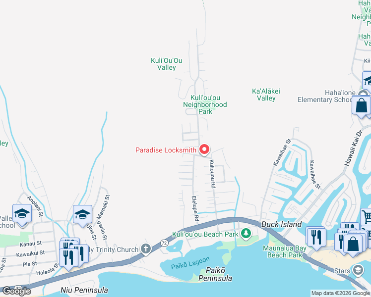 map of restaurants, bars, coffee shops, grocery stores, and more near 416 Lani Street in Honolulu
