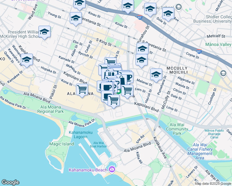 map of restaurants, bars, coffee shops, grocery stores, and more near 1610 Makaloa Street in Honolulu