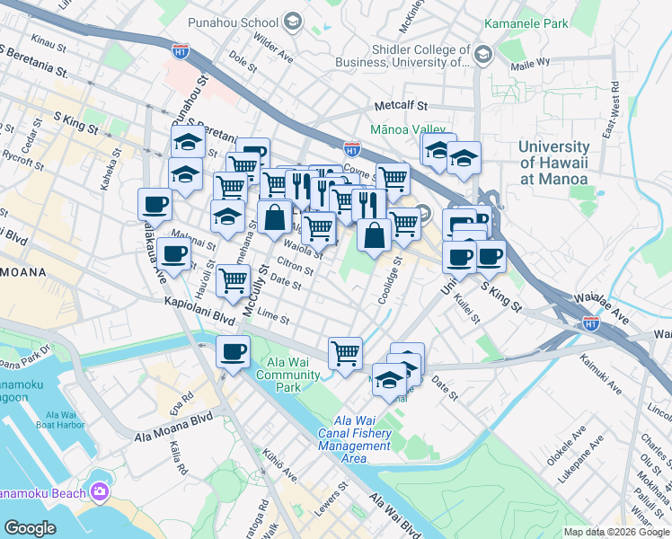 map of restaurants, bars, coffee shops, grocery stores, and more near 855 Makahiki Way in Honolulu