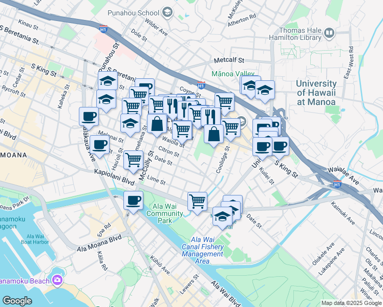 map of restaurants, bars, coffee shops, grocery stores, and more near 2135 Waiola Street in Honolulu