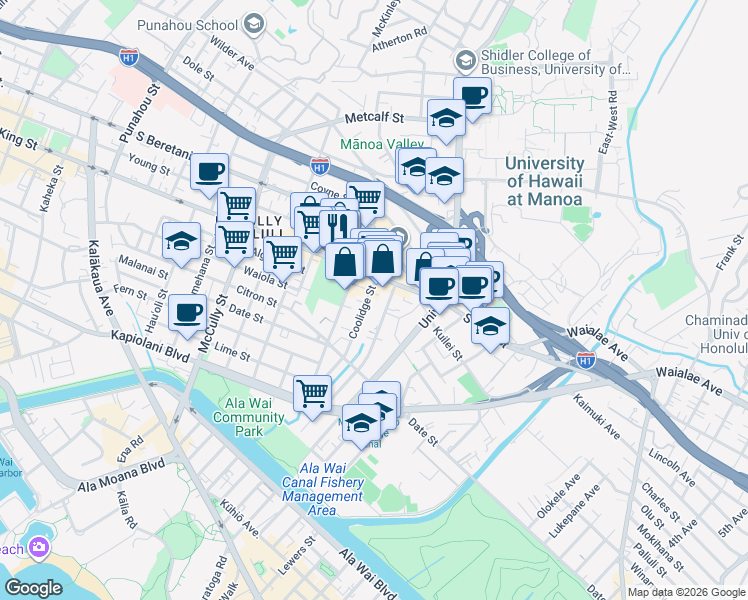map of restaurants, bars, coffee shops, grocery stores, and more near 935 Isenberg Street in Honolulu