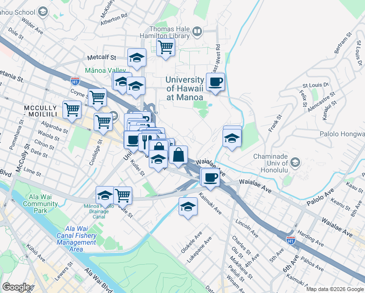 map of restaurants, bars, coffee shops, grocery stores, and more near 2831 Varsity Circle in Honolulu
