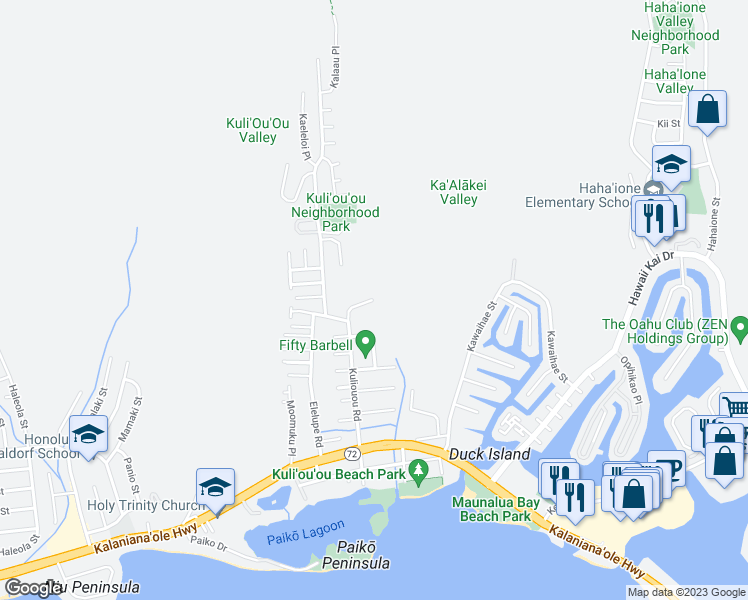 map of restaurants, bars, coffee shops, grocery stores, and more near 435 Haleloa Place in Honolulu