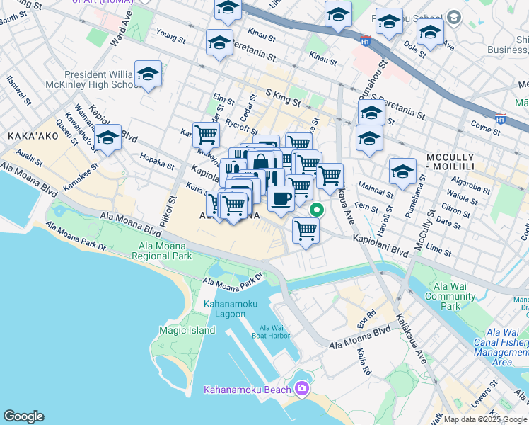 map of restaurants, bars, coffee shops, grocery stores, and more near 1519 Kapiolani Boulevard in Honolulu