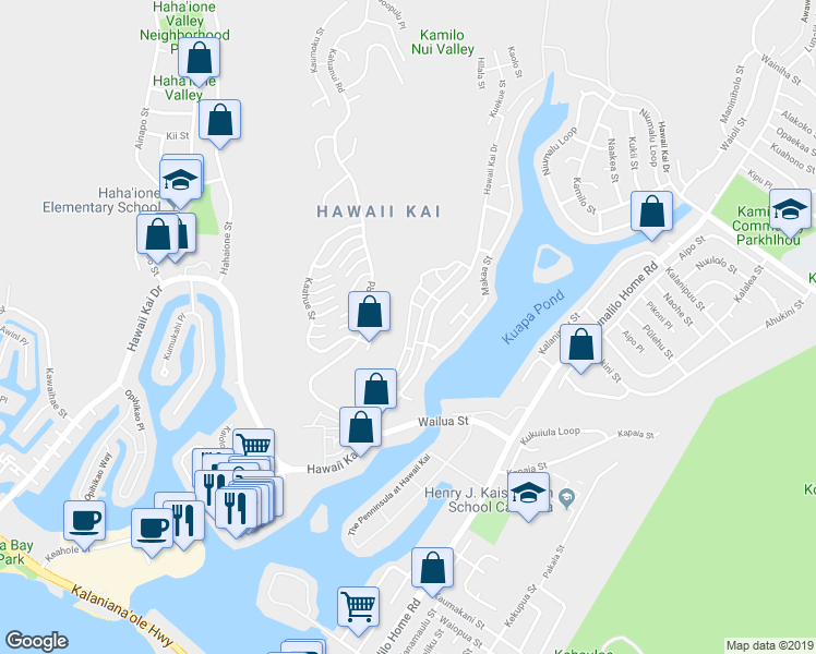 map of restaurants, bars, coffee shops, grocery stores, and more near 7132 Hawaii Kai Drive in Honolulu