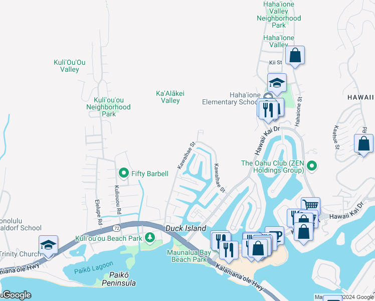 map of restaurants, bars, coffee shops, grocery stores, and more near 380 Kawaihae Street in Honolulu
