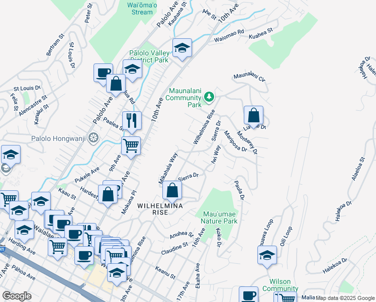 map of restaurants, bars, coffee shops, grocery stores, and more near 3675 Hilo Place in Honolulu