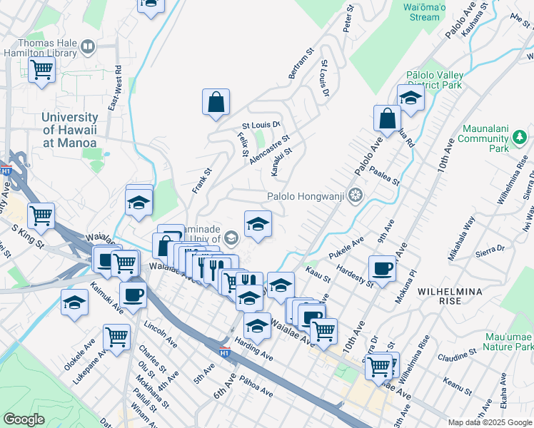 map of restaurants, bars, coffee shops, grocery stores, and more near 1449 Kaminaka Drive in Honolulu