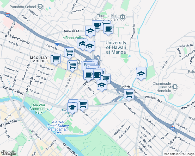 map of restaurants, bars, coffee shops, grocery stores, and more near 2600 South King Street in Honolulu