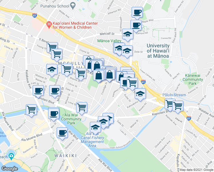 map of restaurants, bars, coffee shops, grocery stores, and more near 935 Isenberg Street in Honolulu