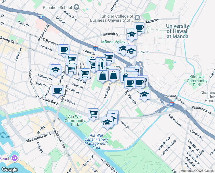 map of restaurants, bars, coffee shops, grocery stores, and more near 935 Isenberg Street in Honolulu