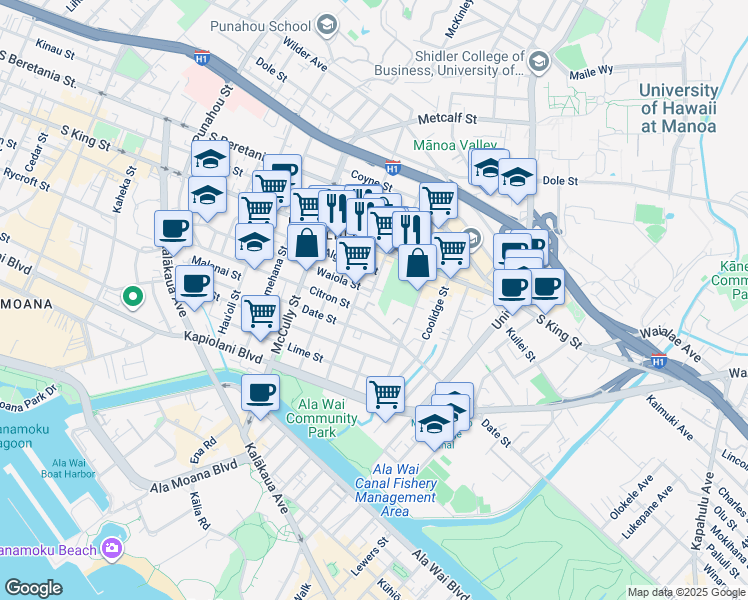 map of restaurants, bars, coffee shops, grocery stores, and more near 2135 Waiola Street in Honolulu