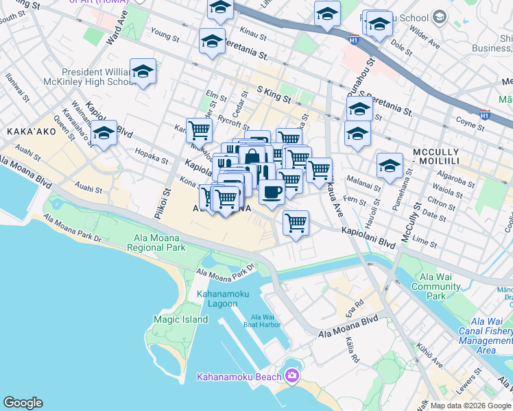 map of restaurants, bars, coffee shops, grocery stores, and more near 1519 Kapiolani Boulevard in Honolulu