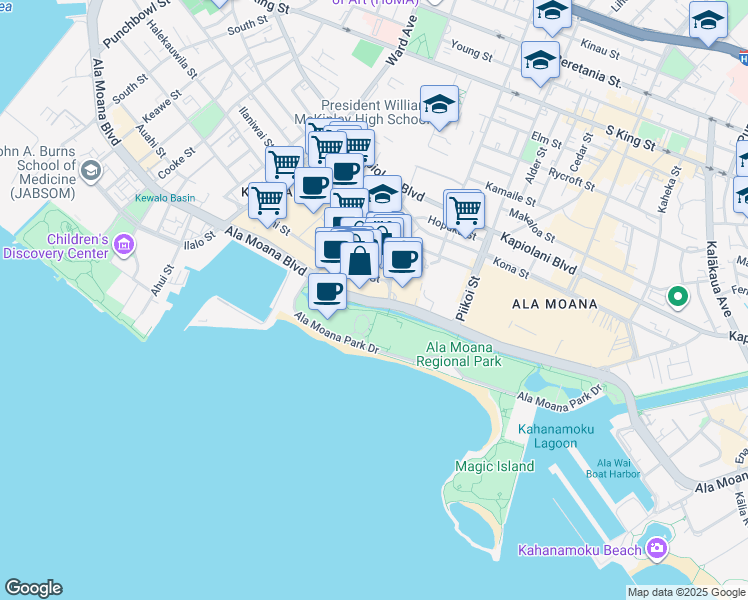 map of restaurants, bars, coffee shops, grocery stores, and more near 1240 Ala Moana Boulevard in Honolulu