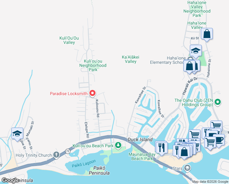 map of restaurants, bars, coffee shops, grocery stores, and more near 415F Haleloa Place in Honolulu