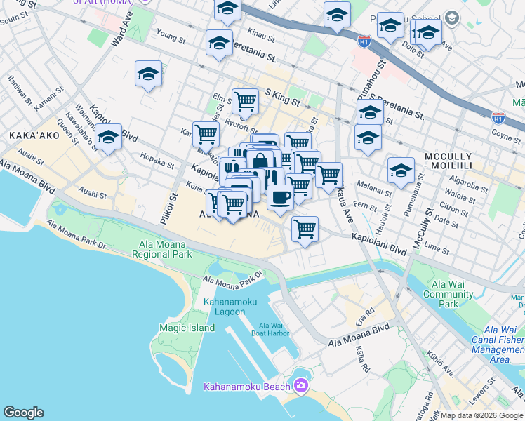 map of restaurants, bars, coffee shops, grocery stores, and more near 1555 Kapiolani Boulevard in Honolulu
