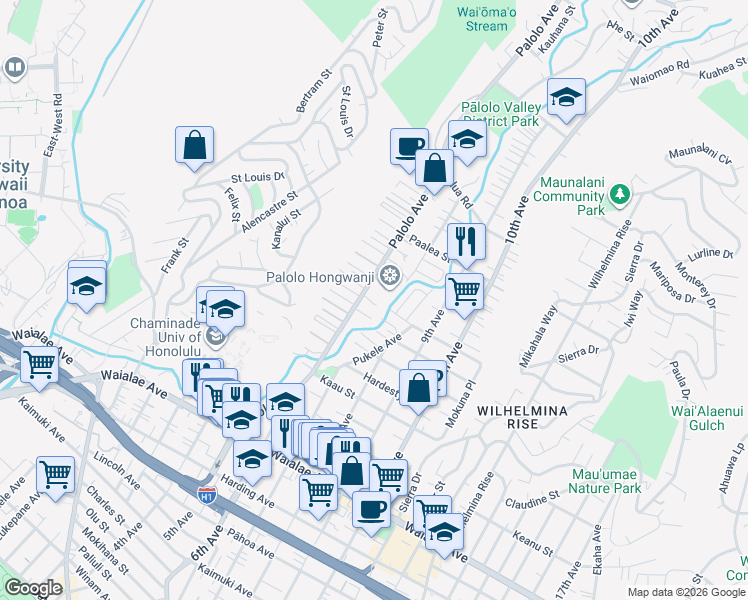 map of restaurants, bars, coffee shops, grocery stores, and more near 1620 Palolo Avenue in Honolulu