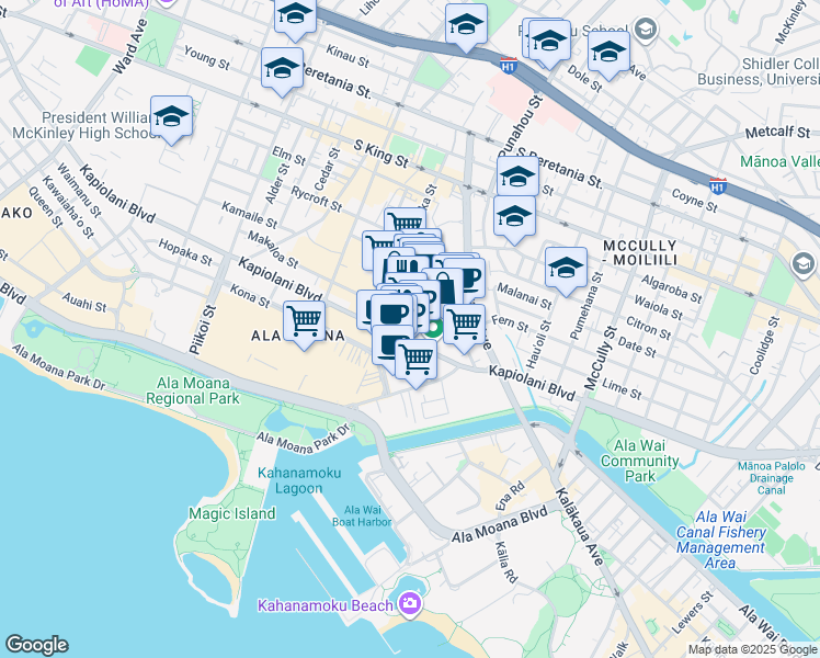 map of restaurants, bars, coffee shops, grocery stores, and more near 801 Kaheka Street in Honolulu