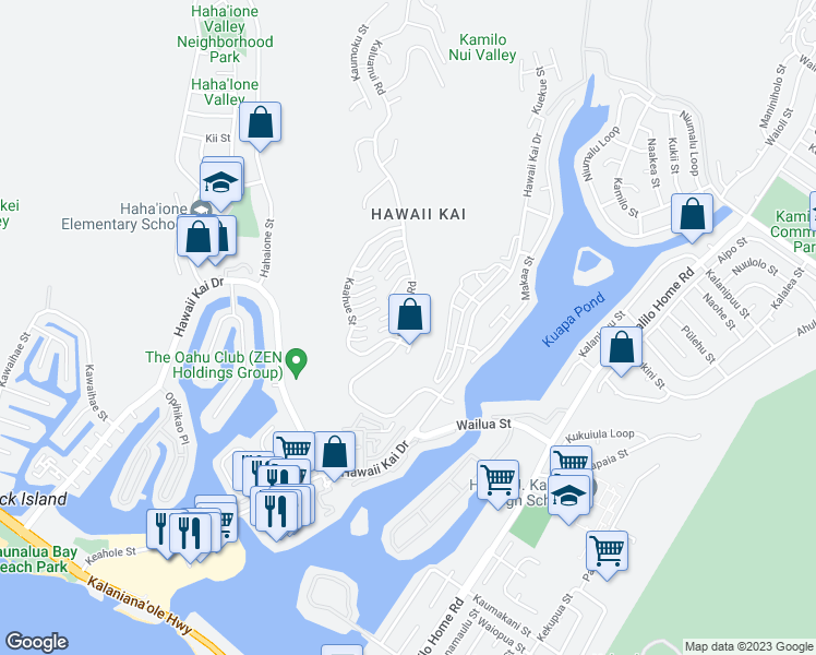 map of restaurants, bars, coffee shops, grocery stores, and more near 807 Kaluanui Road in Honolulu