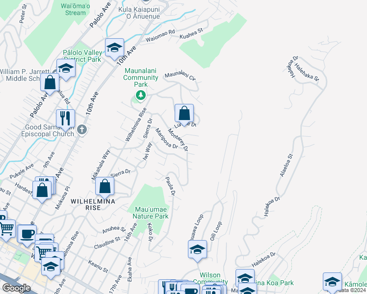 map of restaurants, bars, coffee shops, grocery stores, and more near 3860 Mariposa Drive in Honolulu
