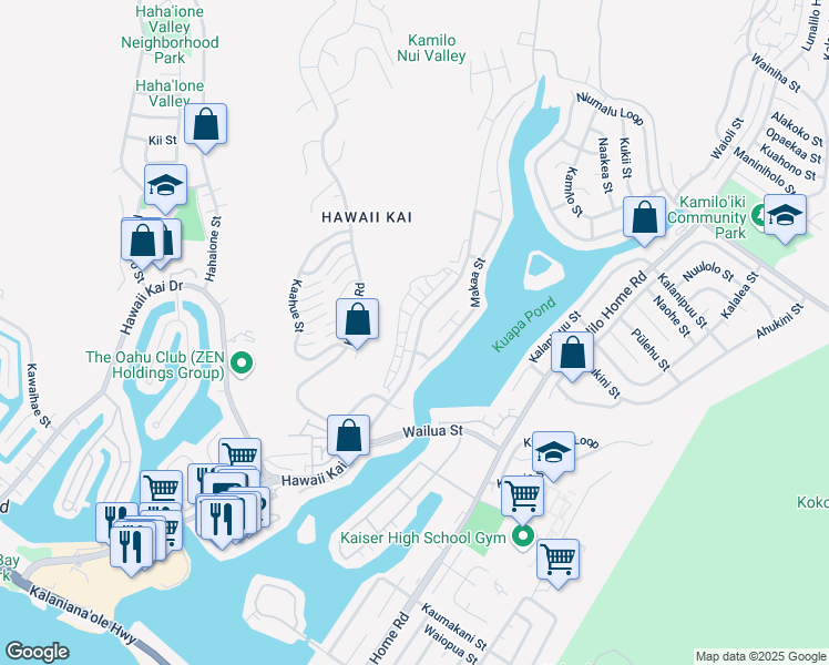 map of restaurants, bars, coffee shops, grocery stores, and more near 7151 Hawaii Kai Drive in Honolulu