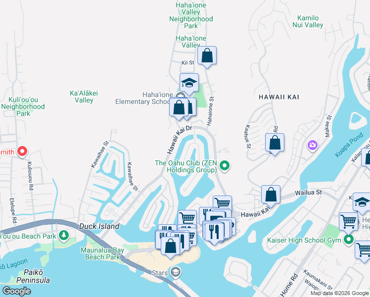 map of restaurants, bars, coffee shops, grocery stores, and more near 725 Kumukahi Place in Honolulu