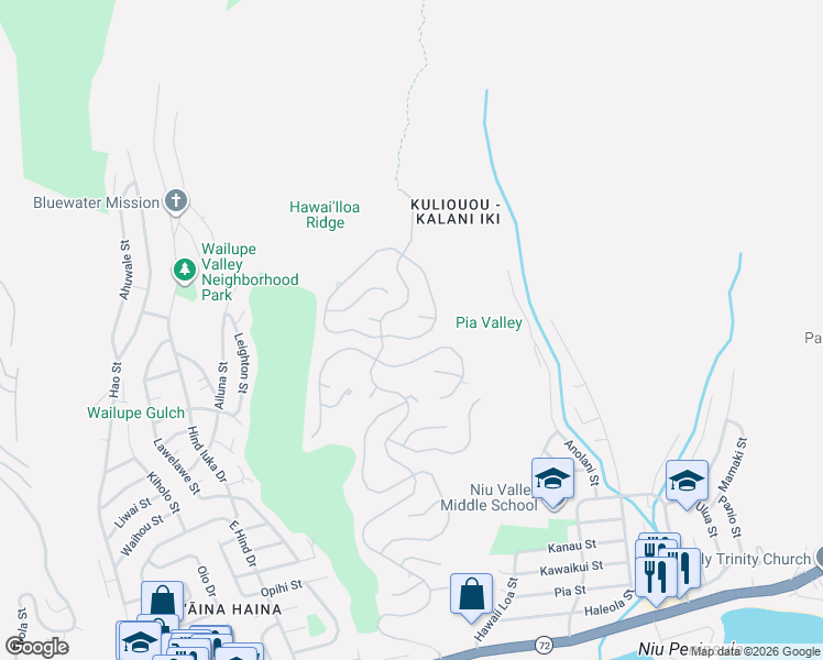map of restaurants, bars, coffee shops, grocery stores, and more near 825 Puuikena Drive in Honolulu
