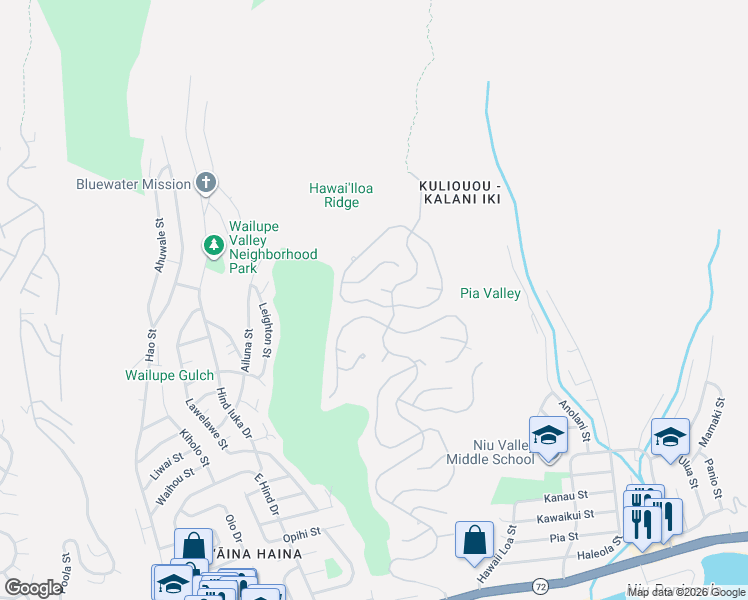 map of restaurants, bars, coffee shops, grocery stores, and more near 796 Puuikena Drive in Honolulu
