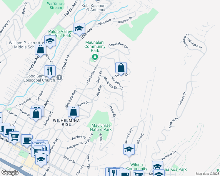 map of restaurants, bars, coffee shops, grocery stores, and more near 3816 Mariposa Drive in Honolulu