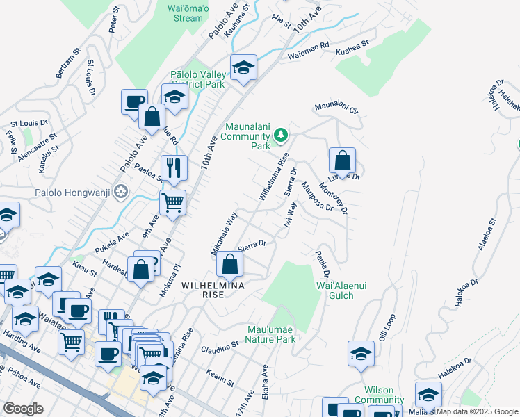 map of restaurants, bars, coffee shops, grocery stores, and more near 4452 Sierra Drive in Honolulu