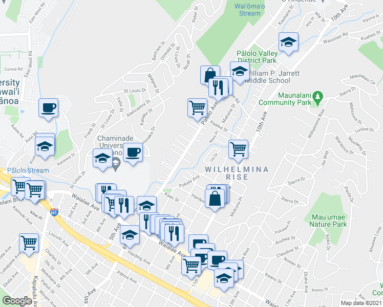 map of restaurants, bars, coffee shops, grocery stores, and more near 1620 Palolo Avenue in Honolulu