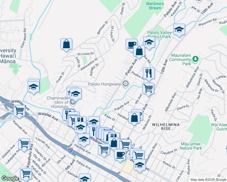 map of restaurants, bars, coffee shops, grocery stores, and more near 1620 Palolo Avenue in Honolulu