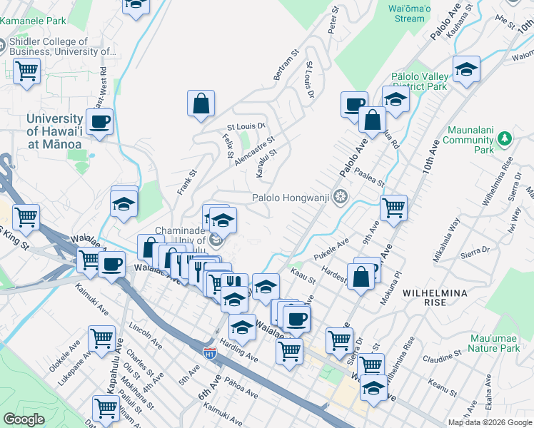 map of restaurants, bars, coffee shops, grocery stores, and more near 1514 Kalaepohaku Street in Honolulu