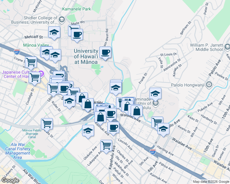 map of restaurants, bars, coffee shops, grocery stores, and more near 2997 Koali Road in Honolulu