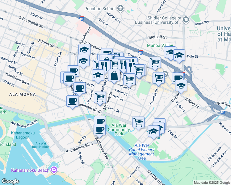 map of restaurants, bars, coffee shops, grocery stores, and more near 836 Wiliwili Street in Honolulu