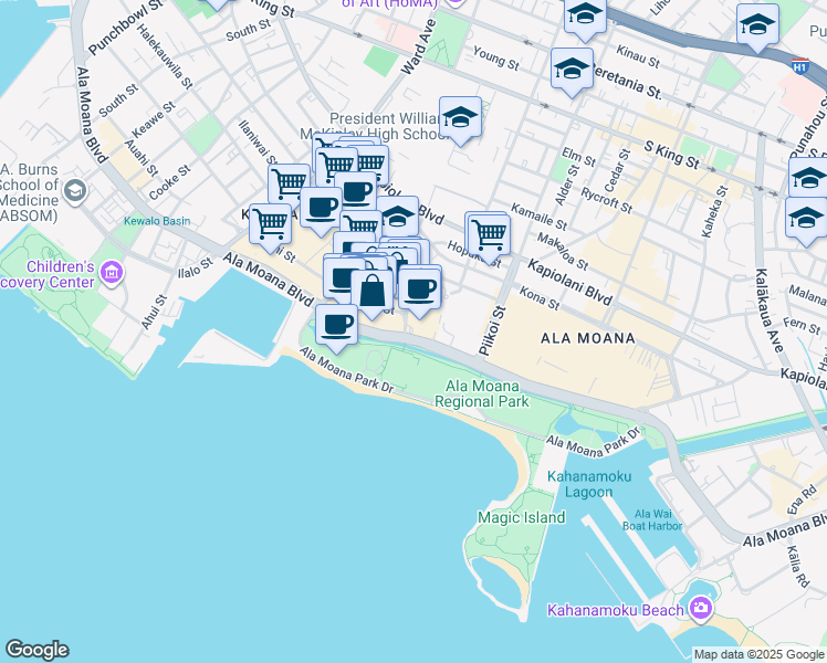 map of restaurants, bars, coffee shops, grocery stores, and more near 1240 Ala Moana Boulevard in Honolulu
