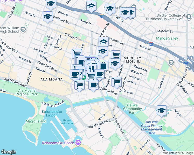 map of restaurants, bars, coffee shops, grocery stores, and more near in Honolulu