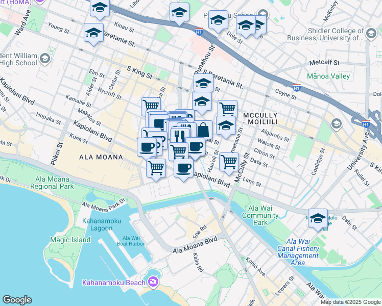 map of restaurants, bars, coffee shops, grocery stores, and more near in Honolulu