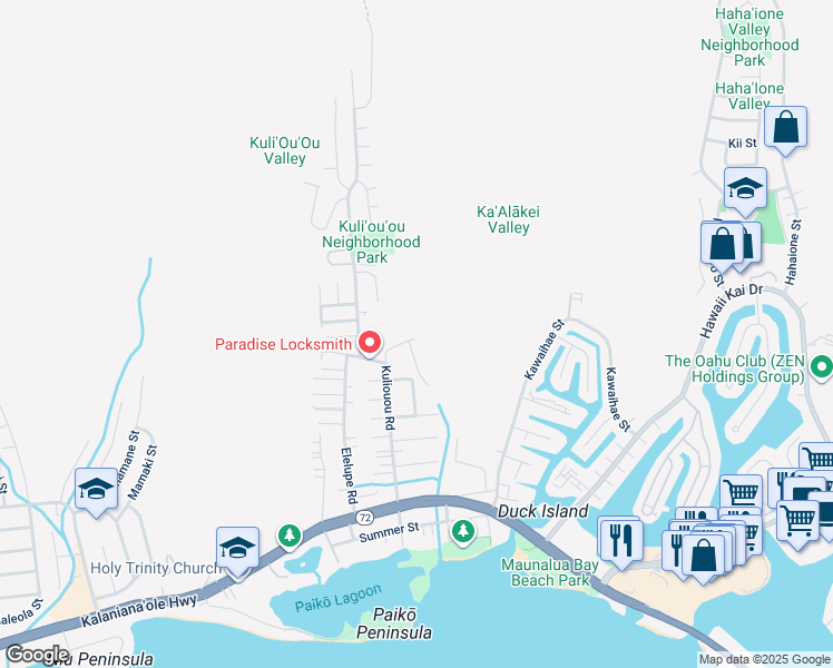 map of restaurants, bars, coffee shops, grocery stores, and more near 430 Haleloa Place in Honolulu