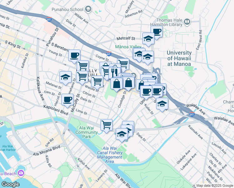 map of restaurants, bars, coffee shops, grocery stores, and more near 896 Isenberg Street in Honolulu