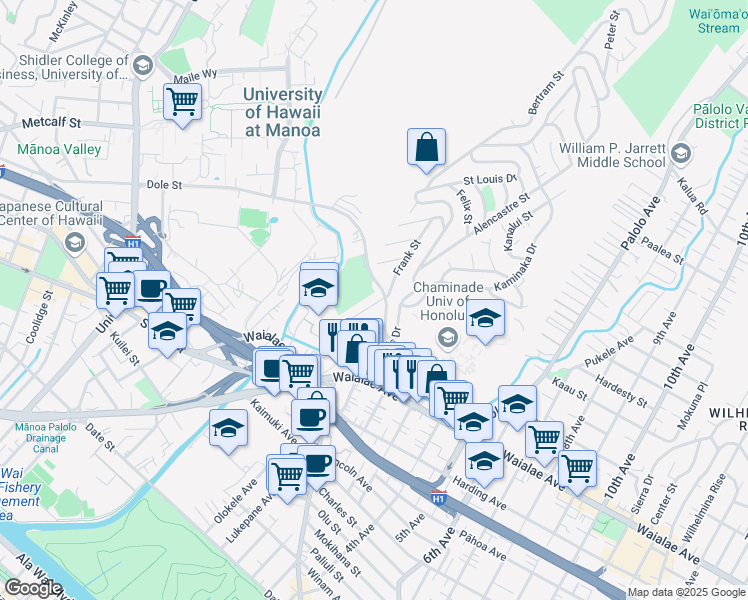 map of restaurants, bars, coffee shops, grocery stores, and more near 1342 Kanewai St in Honolulu