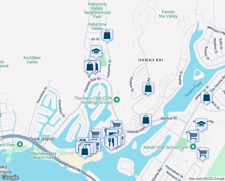 map of restaurants, bars, coffee shops, grocery stores, and more near 6750 Hawaii Kai Drive in Honolulu