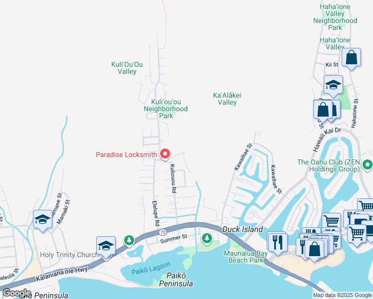 map of restaurants, bars, coffee shops, grocery stores, and more near 430 Haleloa Place in Honolulu