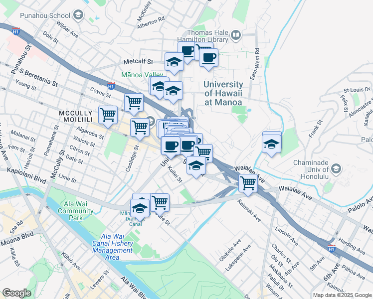 map of restaurants, bars, coffee shops, grocery stores, and more near 2600 South King Street in Honolulu