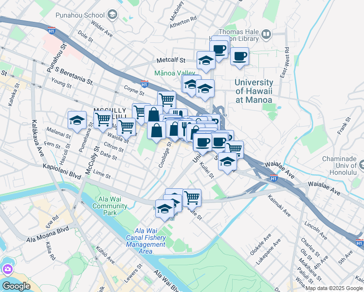 map of restaurants, bars, coffee shops, grocery stores, and more near 2471 South King Street in Honolulu