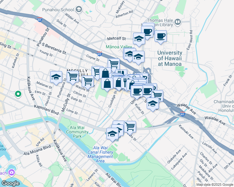 map of restaurants, bars, coffee shops, grocery stores, and more near 2471 South King Street in Honolulu