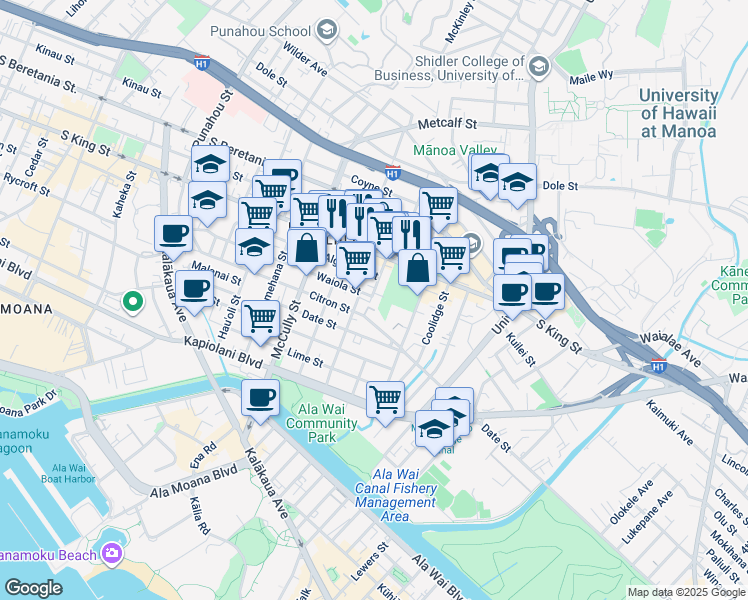 map of restaurants, bars, coffee shops, grocery stores, and more near 2135 Waiola Street in Honolulu