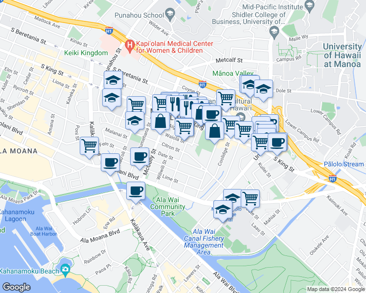 map of restaurants, bars, coffee shops, grocery stores, and more near 2135 Waiola Street in Honolulu